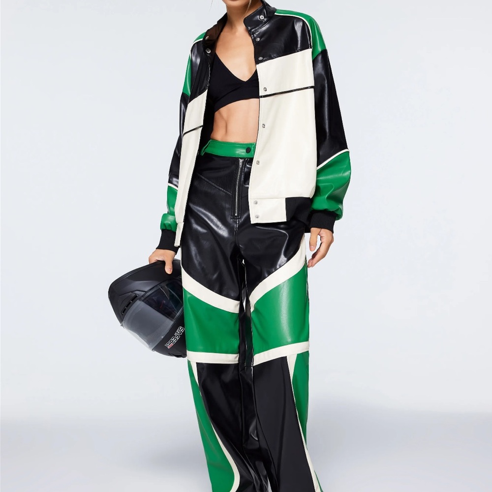 Cider Vintage FAUX LEATHER Moto Racing BOMBER JACKET Pants Matching Set